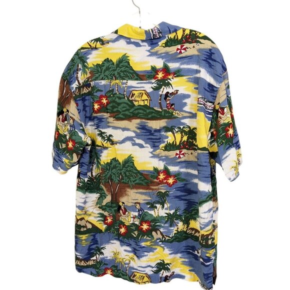 Vintage 90s Utility Hawaiian Shirt Mens Medium Beach Palm Tree Tropical Floral - Picture 2 of 6